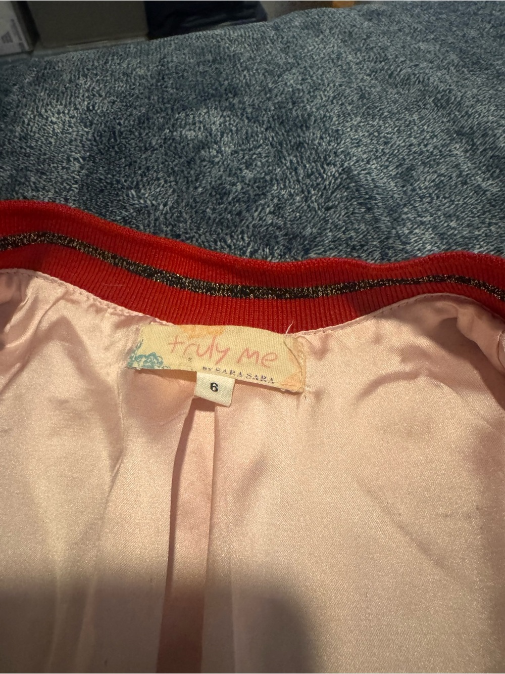 Truly Me Pink Satin Bomber Jacket with Red Trim